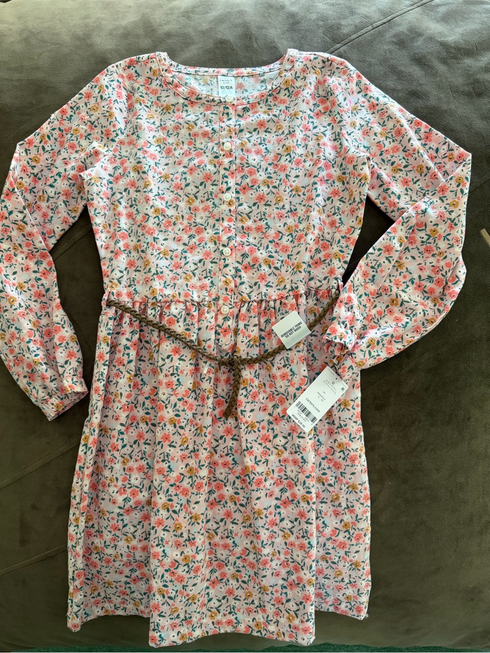 Carter's Pink Floral Long-Sleeve Dress with Brown Belt
